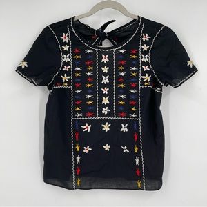 Madewell Black Embroidered Short Sleeve Blouse Women’s Size XXS